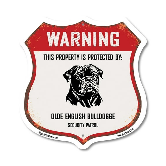 Warning This Property is Protected by Olde English Bulldogge 12 inch X 12 inch Shield-Shaped Rust-Free Aluminum Metal Sign Weather Resistant Made in the USA