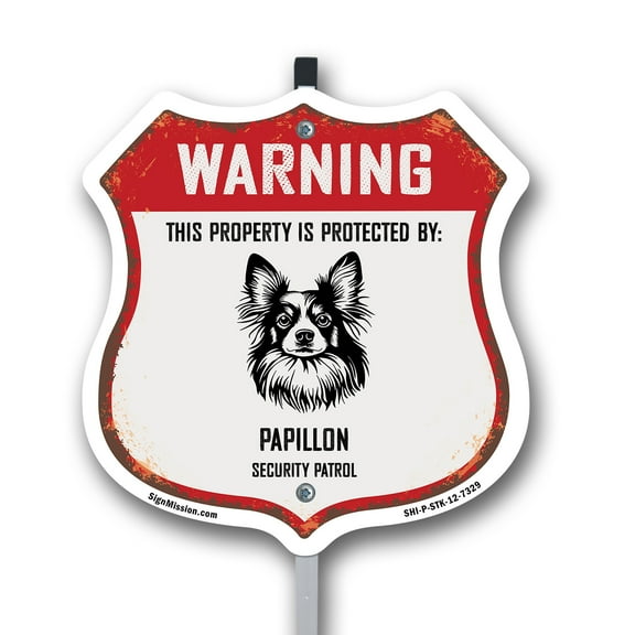 Warning This Property is Protected by Papillon 12 inch X 12 inch Shield Shaped Commercial Grade Plastic Sign with Aluminum Mounting Stake Weather Resistant Made in the USA