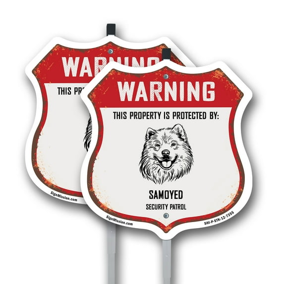 Warning This Property is Protected by Samoyed (2 Pack) 12 inch X 12 inch Shield Shaped Commercial Grade Plastic Signs with Aluminum Mounting Stakes Weather Resistant Made in the USA