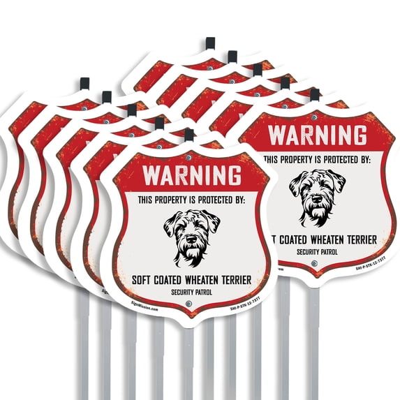 Warning This Property is Protected by Soft Coated Wheaten Terrier (10 Pack) 12 inch X 12 inch Shield Shaped Rust-Free Aluminum Metal Signs with Aluminum Mounting Stakes Weather