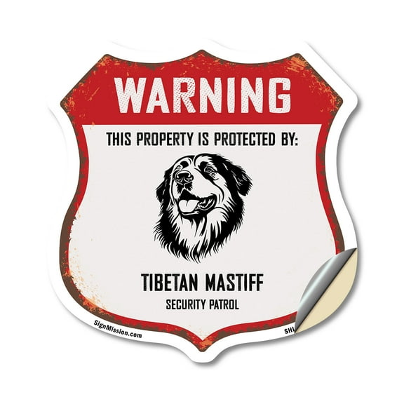 Warning This Property is Protected by Tibetan Mastiff 12 inch X 12 inch Shield Shaped Heavy Duty 3.2 mil Vinyl Decal Weather Resistant Made in the USA