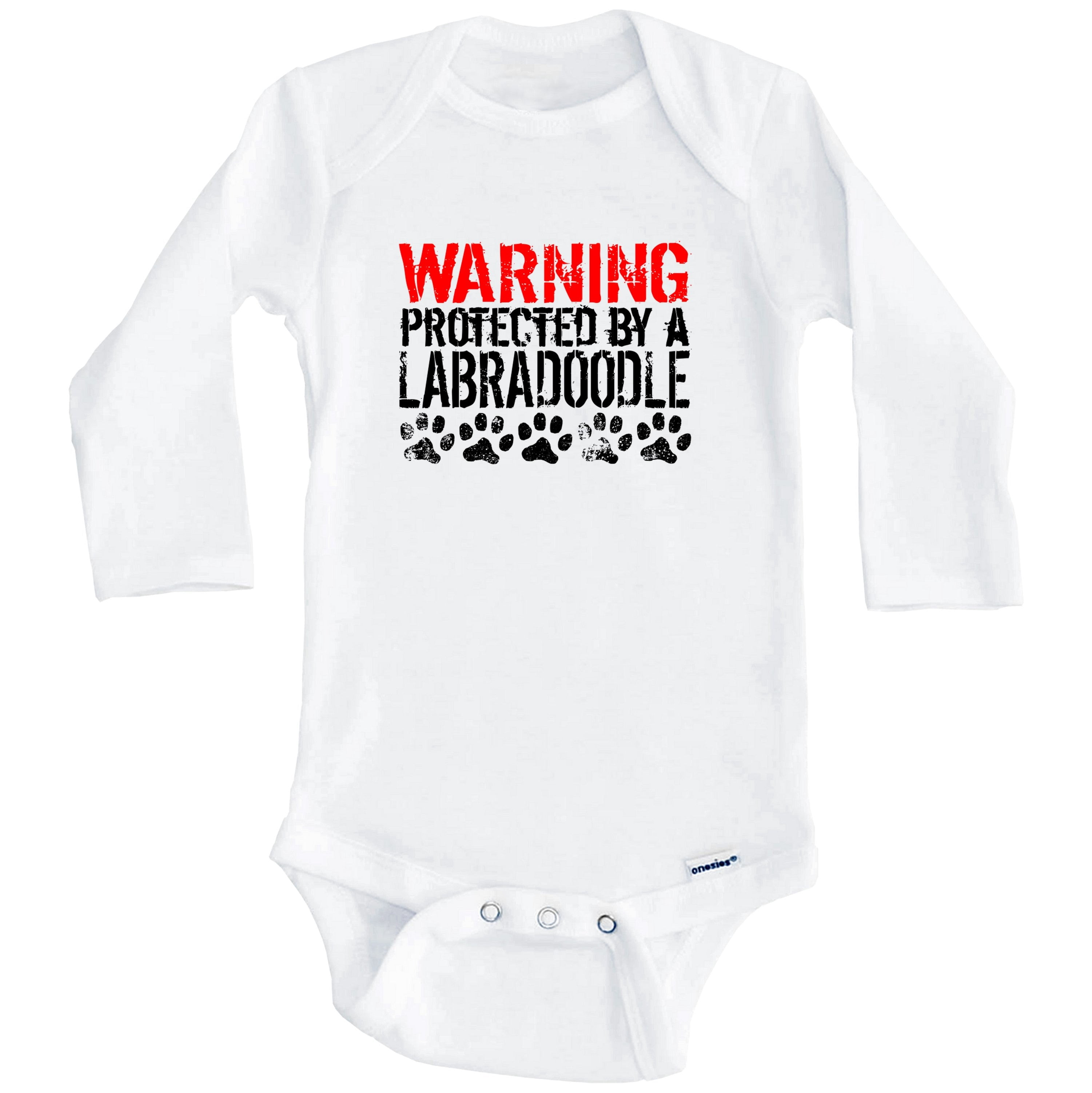 Warning Protected By A Labradoodle Funny One Piece Baby Bodysuit Funny Dog Baby Bodysuit (Long Sleeve), 0-3 Months White