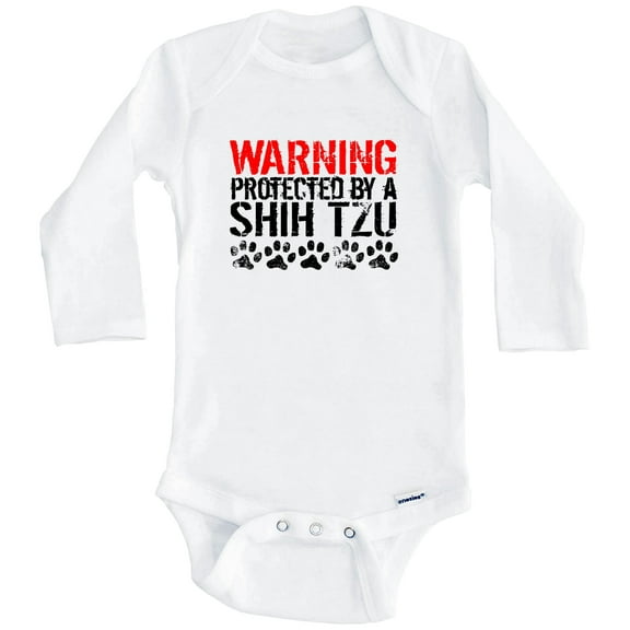Warning Protected By A Shih Tzu Funny One Piece Baby Bodysuit Funny Dog Baby Bodysuit (Long Sleeve), 0-3 Months White