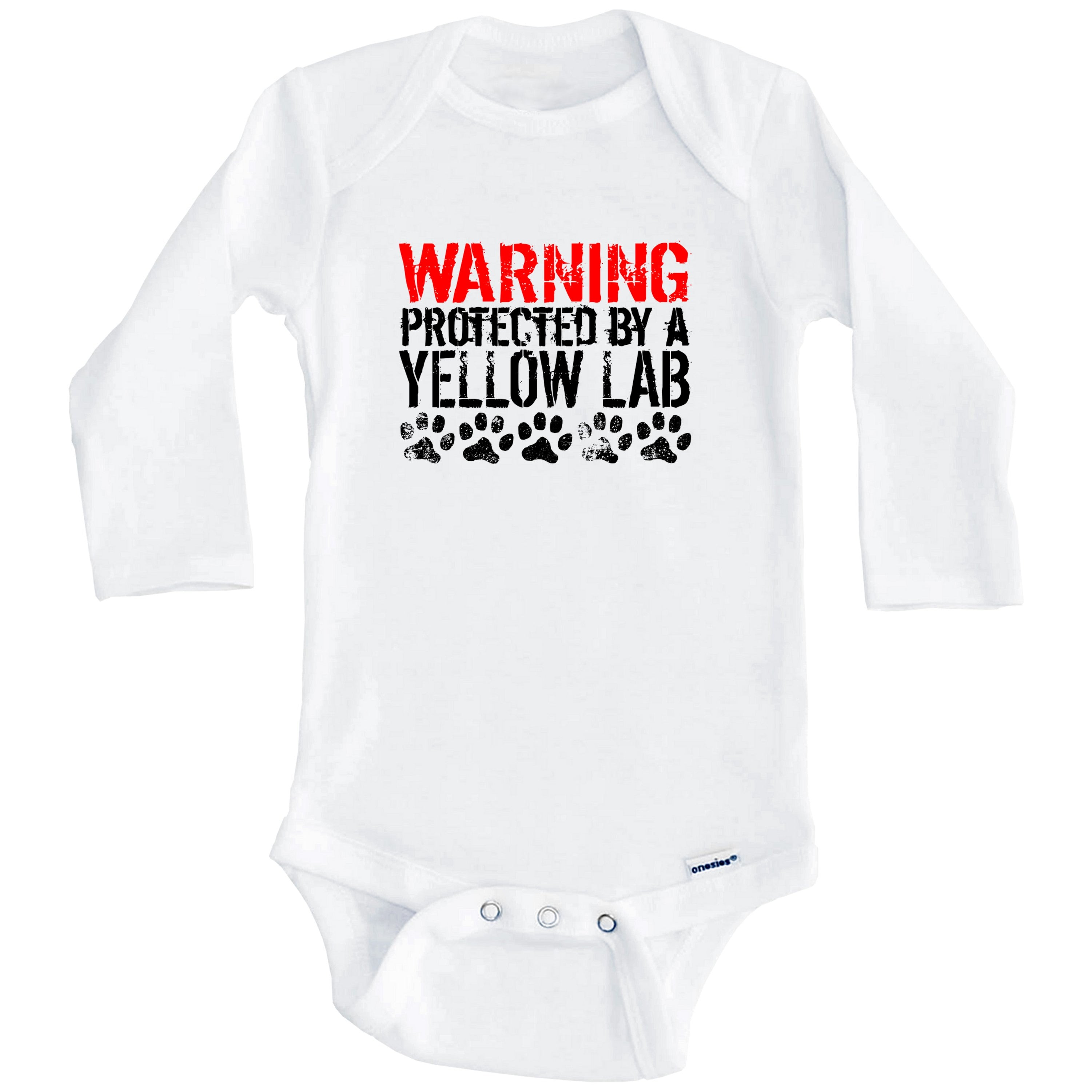 Warning Protected By A Yellow Lab Funny One Piece Baby Bodysuit Funny Dog Baby Bodysuit (Long Sleeve), 0-3 Months White