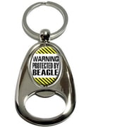 Warning Protected By Beagle, Chrome Plated Metal Spinning Oval Design Bottle Opener Keychain Key Ring