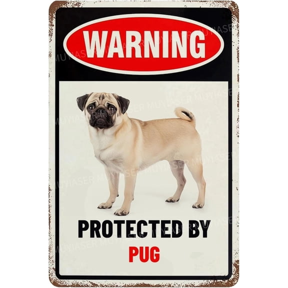 Warning Protected By Pug Aluminum Metal Tin Signs Outdoor Yard Sign Warning Sign For Fence Yard Home Kitchen Farm Garden Wall Decor 8x12 Inch