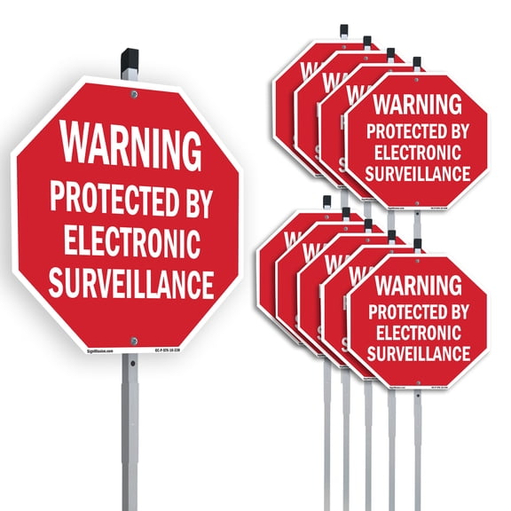Warning Protected by Electronic Surveillance (10 Pack) 10 inch X 10 inch Octagon Plastic Signs with Aluminum Mounting Stakes Weather Resistant UV Protected for Workplace Private