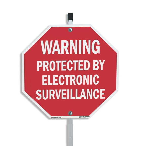 Warning Protected by Electronic Surveillance 10 inch X 10 inch Octagon Plastic Sign with Aluminum Mounting Stake Weather Resistant UV Protected for Workplace Private Property and