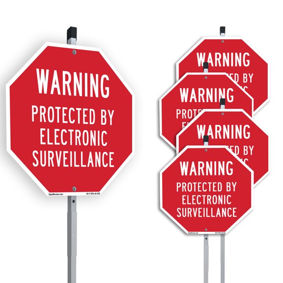 Warning Protected by Electronic Surveillance (5 Pack) 10 inch X 10 inch Octagon Plastic Signs with Aluminum Mounting Stakes Weather Resistant UV Protected for Workplace Private Property