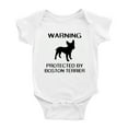 thumbnail image 1 of Warning: Protected by A Boston Terrier Dog Funny Baby Bodysuits (White,3-6 Months), 1 of 5
