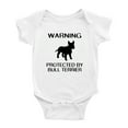 thumbnail image 1 of Warning: Protected by A Bull Terrier Dog Funny Baby Rompers Infant Clothes (White,18-24 Months), 1 of 5