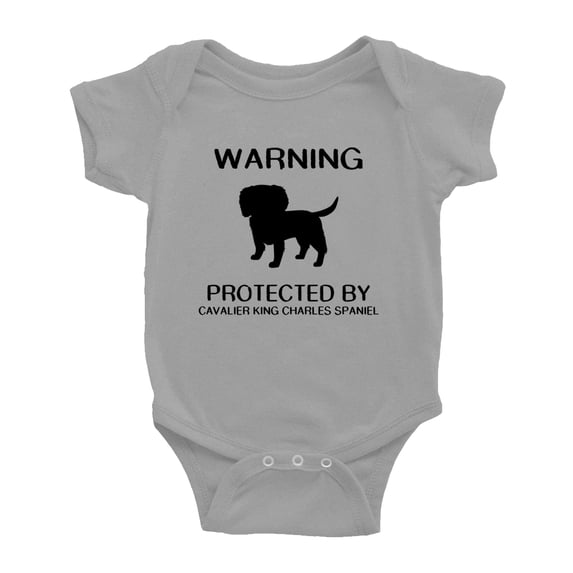 Warning: Protected by A Cavalier King Charles Spaniel Dog Funny Baby Rompers Bodysuit (Gray,0-3 Months)