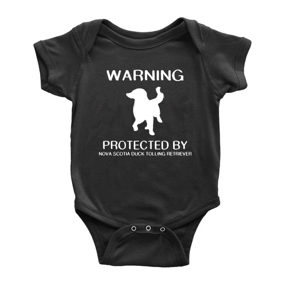 Warning: Protected by A Nova Scotia Duck Tolling Retriever Dog Funny Baby Rompers Bodysuit (Black,0-3 Months)