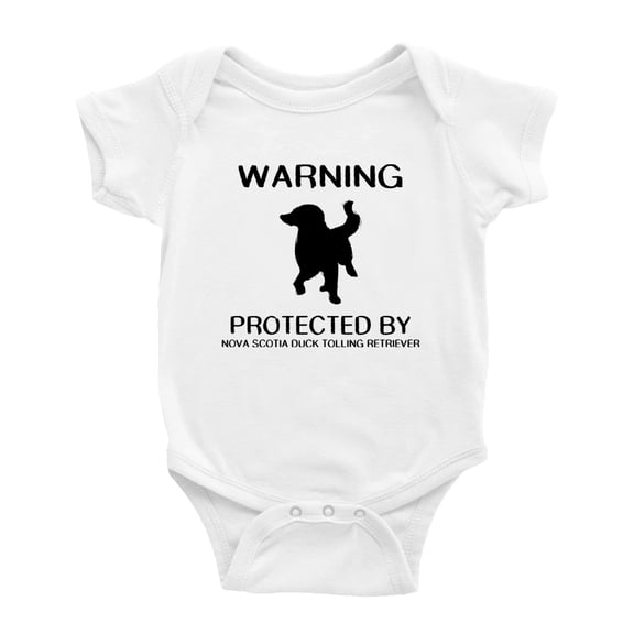 Warning: Protected by A Nova Scotia Duck Tolling Retriever Dog Funny Baby Rompers Bodysuit (White,6-12 Months)