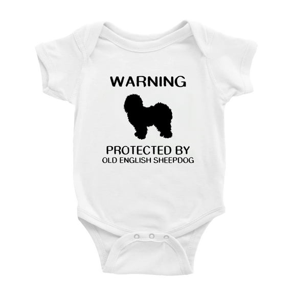 Warning: Protected by A Old English Sheepdog Dog Funny Baby Bodysuit Newborn Clothes (White,3-6 Months)