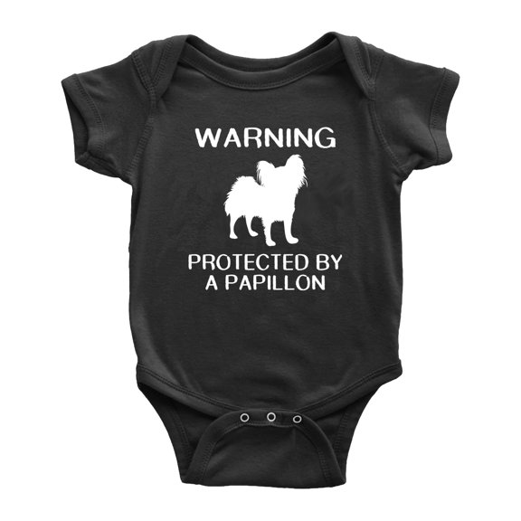 Warning: Protected by A Papillon Dog Funny Baby Rompers Baby Clothes (Black,18-24 Months)