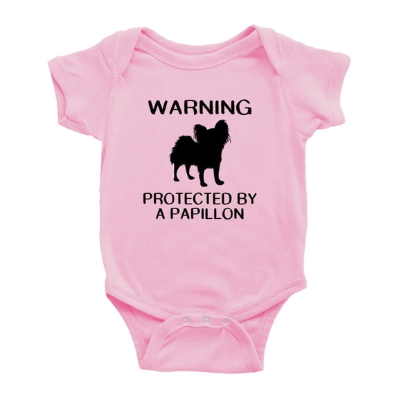 Warning: Protected by A Papillon Dog Funny Baby Rompers Baby Clothes (Pink,12-18 Months)
