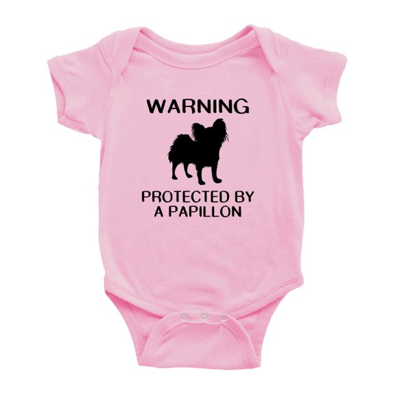 Warning: Protected by A Papillon Dog Funny Baby Rompers Baby Clothes (Pink,3-6 Months)