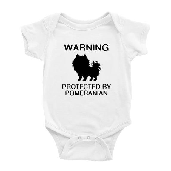 Warning: Protected by A Pomeranian Dog Funny Baby Rompers Bodysuit (White,0-3 Months)