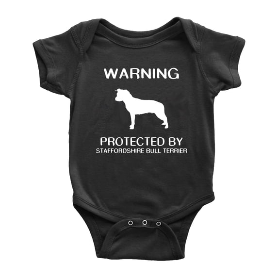 Warning: Protected by A Staffordshire Bull Terrier Dog Funny Baby Rompers Infant Clothes (Black,12-18 Months)