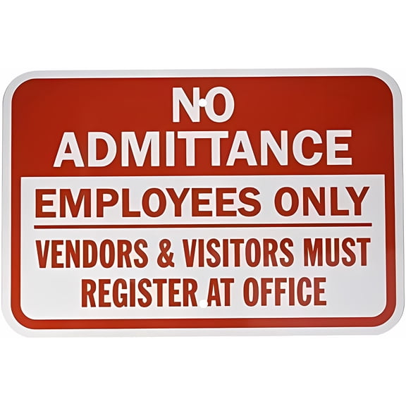 Warning Sign No Admittance Vendors Visitors Register at Office - 12×8 Inches, Red on White Vintage Metal Tin, Home Office Kitchen Cafe Garden Farm Decor
