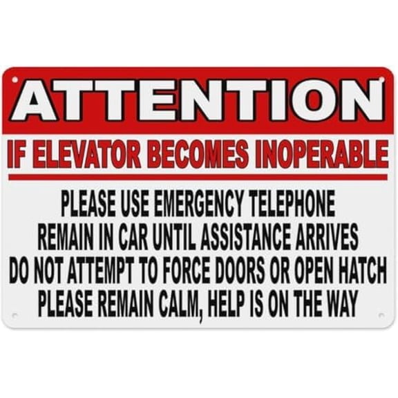 Warning Sign - Attention If Elevator Becomes Inoperable, Aluminum Tin Warning Sign, Fits Home, Outdoor, Garden Buildings with Elevators to Guide Action During Elevator Failures, 12X8 Inch