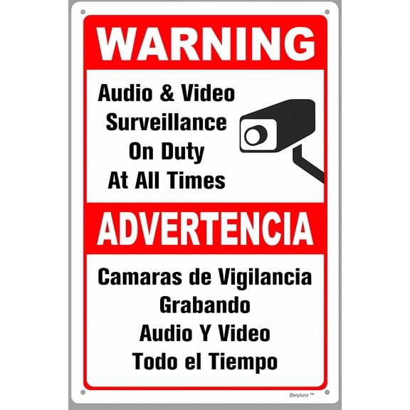 Warning Sign Audio & Video Surveillance on Duty at All Times Advertencia - 8"x12" Sign, Bilingual Surveillance Decor for Home Business Indoor Outdoor