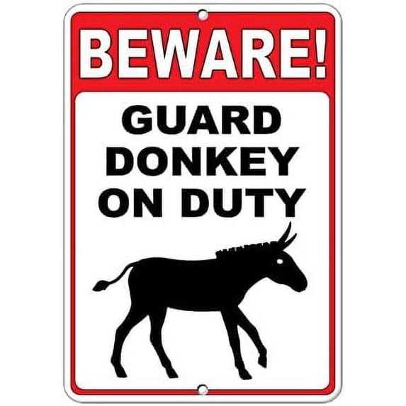 Warning Sign Beware! Guard Donkey On Duty Funny Quote Sign Business Sign 12X8 Inches Aluminum Metal Tin Sign