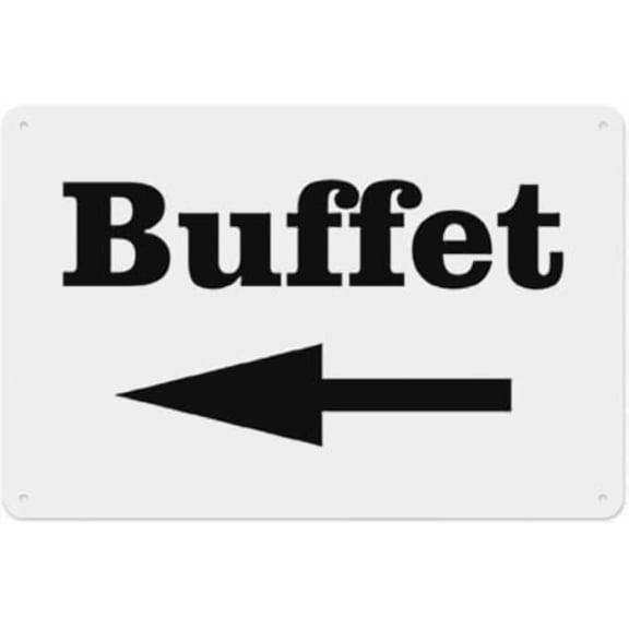 Warning Sign - Buffet with Directional Arrow, Tin Sign, Warning Metal Sign, Vintage Wall Decor for Home, Farm, Bar, Coffee Shop, Club to Guide to Buffet Areas, 12X8 Inch
