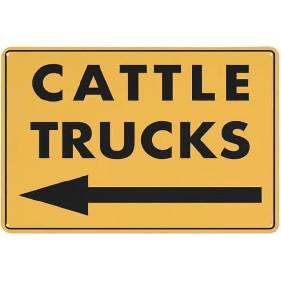 Warning Sign - Cattle Trucks Arrow Left, Reflective Aluminum Sign, Weatherproof and Fade-Resistant, 4 Pre-Drilled Holes, Directs Cattle Trucks Left, Visible On Rural Roads, 12X8 Inch