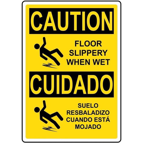 Warning Sign - Caution Floor Slippery When Wet (Suelo Resbaladizo Cuando Está Mojado), Aluminum Rust-Proof Bilingual Sign for Facilities, Kitchens, Bathrooms, 12x8 inch