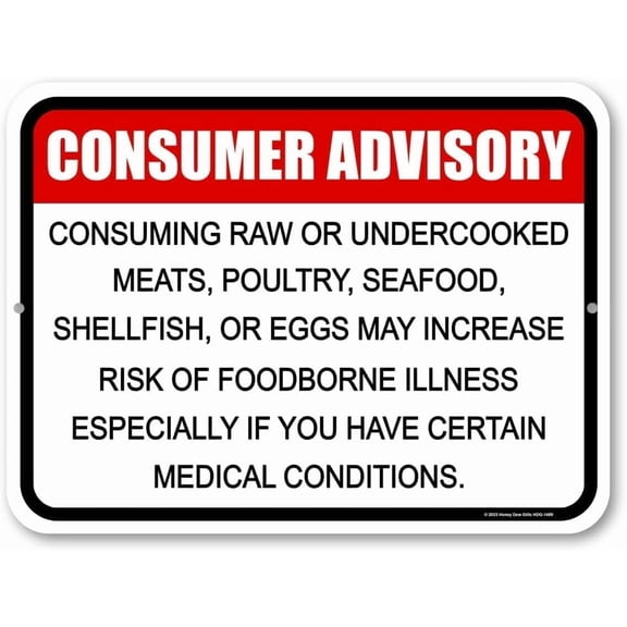 Warning Sign Consumer Advisory - Raw/Undercooked Meat Foodborne Illness Risk Restaurant Metal Warning Sign Durable Metal Warning Sign for Garage & Warehouse - Industrial Decor