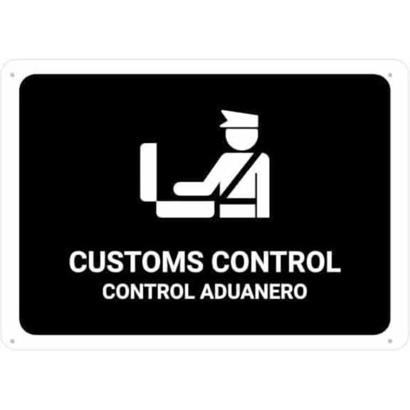 Warning Sign - Customs Control Black Bilingual, Tin Sign, for Garden, Yard Wall Decor, Durable Metal Warning Sign, for Garage, Warehouse, Industrial Decor, 12X8 Inch