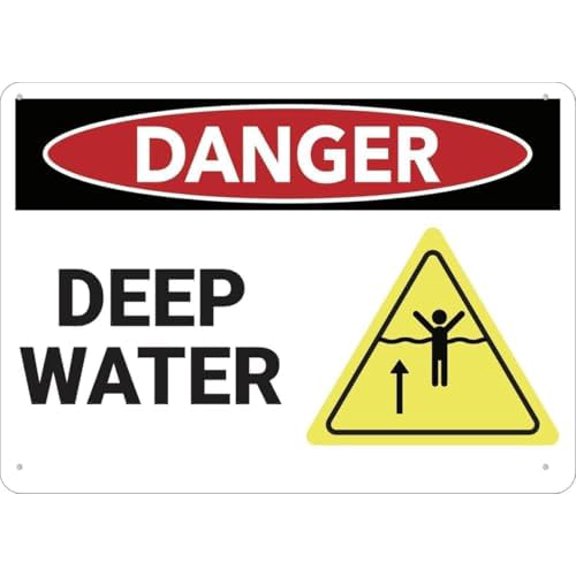 Warning Sign - Danger Deep Water, Metal Aluminum Sign, Weather Resistant, Indoor Outdoor Use, Durable Metal Warning Sign, for Garage, Warehouse, 12X8 Inch