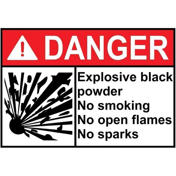 Warning Sign - Danger Explosive Black Powder No Smoking with Symbol, Explosive Material Warning Metal Tin Sign, Suitable for Black Powder Storage Areas, 12X8 Inch