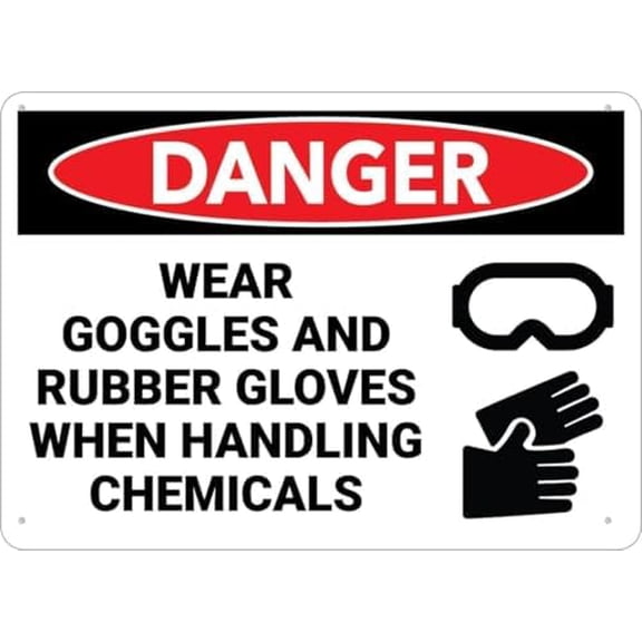 Warning Sign - Danger Goggles and Rubber Gloves While Handling for Home, Rust Free Aluminum Metal Sign, Durable Outdoor Use, 12X8 Inch