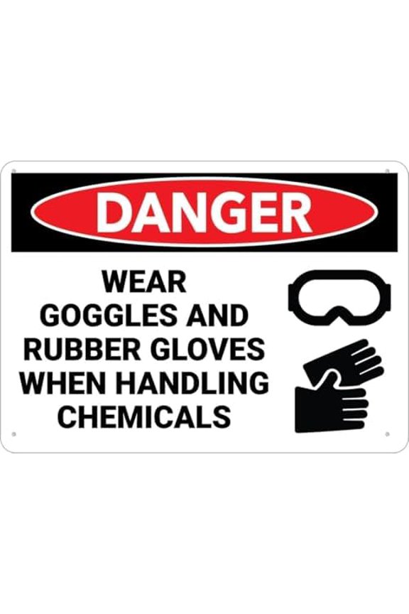Warning Sign - Danger Goggles and Rubber Gloves While Handling for Home, Rust Free Aluminum Metal Sign, Durable Outdoor Use, 12X8 Inch
