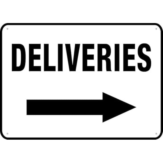 Warning Sign - Deliveries Right Arrow Business, Rust Free Aluminum Sign, 4 Pre-Drilled Holes, for Commercial Areas, Shops, Stores, 12X8 Inch