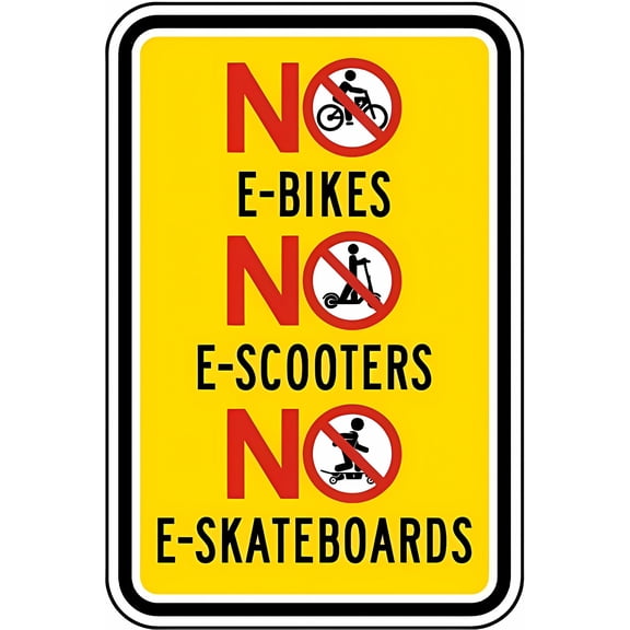 Warning Sign - No E-Bikes No E-Scooters No E-Skateboards - 8"x12" Aluminum Rust-Proof Sign, E-Vehicle Restriction Decor for Homes Coffee Bars Public Spaces