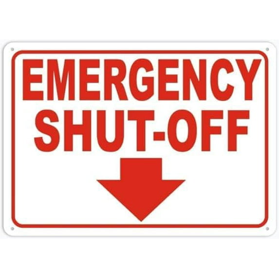 Warning Sign - Emergency Shut Off, Rustproof Aluminum Metal Sign, Multicolor, Durable Weatherproof, for Utility Areas, Equipment Rooms, 12X8 Inch