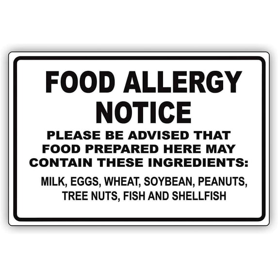 Warning Sign Food Allergy Notice Warning May Contain Milk, Eggs, Wheat, Soybean, Peanuts, Fish Restaurant Cooking Road Sign Business Sign 8X12 Inches Aluminum Metal Tin Sign Z0026