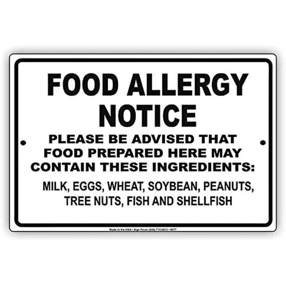 Warning Sign Food Allergy Notice Warning May Contain Milk, Eggs, Wheat, Soybean, Peanuts, Fish Restaurant Cooking Sign Business Sign 12X8 Inches Metal Tin Sign