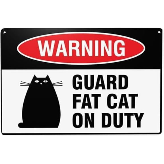 Warning Sign - Guard Fat Cat On Duty, Animal Warning Metal Sign, Vintage Wall Decor, for Home, Farm, Bar, Coffee Shop, Club, 12X8 Inch