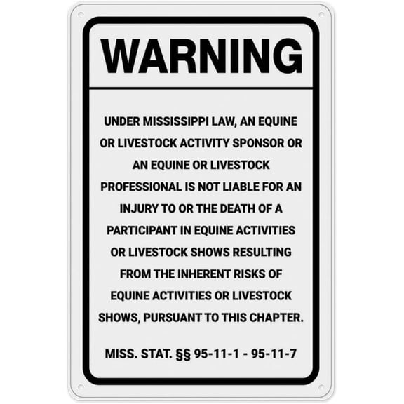Warning Sign Mississippi Equine Liability Ms Aluminum Metal Tin Sign Vintage Wall Decor for Home Bar Pub Kitchen Restaurant Office Man Cave Decorative Wall Art Plaque 8x12 Inch