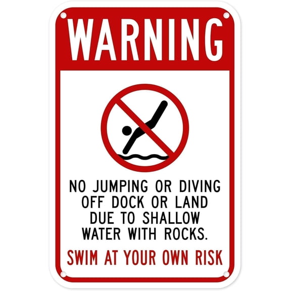 Warning Sign No Jumping Or Diving Off Dock Shallow Water with Rocks, Aluminum Rust-Proof for Docks Waterfronts 8x12 Inch