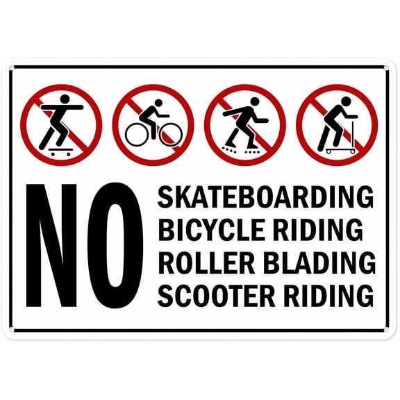 Warning Sign No Skateboarding Bicycling Roller Blading Scooter Riding - 12×8 Inches, HDPE, Parks Sidewalks Parking Lots Activity Restriction Decor