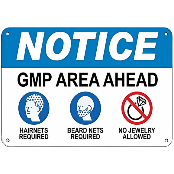 Warning Sign - Notice Gmp Area Ahead Hairnets Beard Nets No Jewelry, 8"x12" Aluminum Metal Tin Sign, Business Hygiene Sign, Food Safety Alert