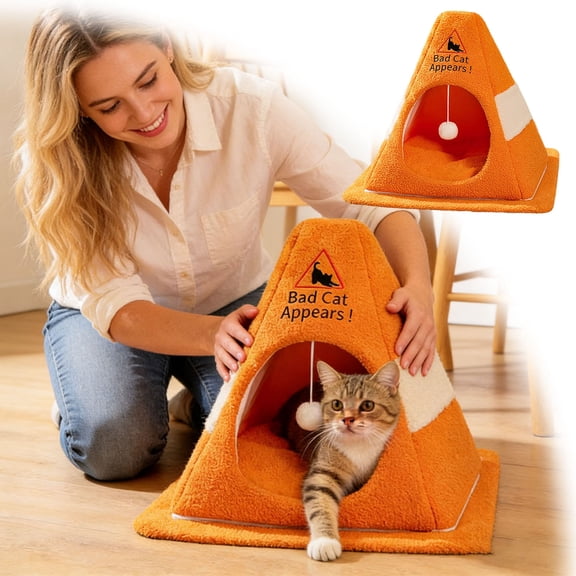 Warning Sign Plush Cat Tent With Removable Inner Pad Zippered Soft Cat Cave For Indoor Rest(Orange-S-40X36Cm)