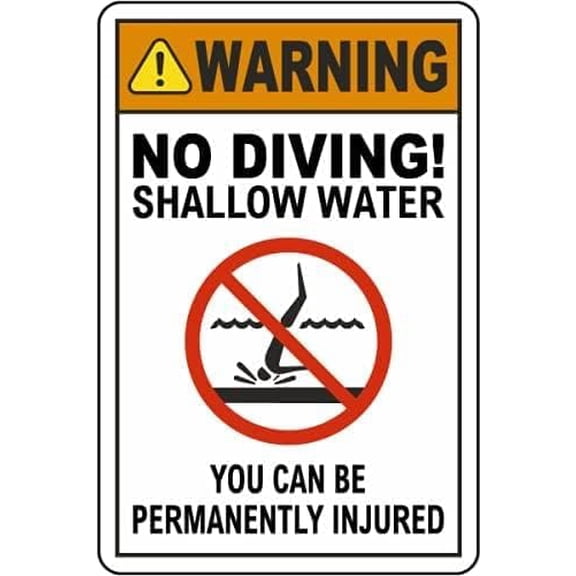 Metal Sign, Pool Safety Sign, No Diving! Shallow Water; You Can Be Permanently Injured, 8x12 inches, Minimalist Style