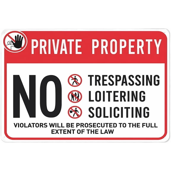 Warning Sign - Private Property No Trespassing Loitering Soliciting, 8"x12" Rust-Proof Reflective Aluminum Sign with Symbol, for Indoor Outdoor Use, Property Security Sign